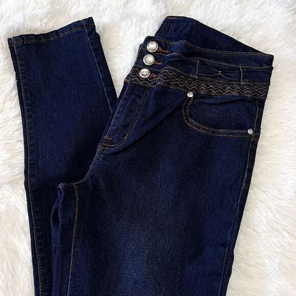 MINERVA CLOTHING Women's Jeans Sz 9 Navy 3 Pockets Stretch Embroidery Rhinestone - Picture 8 of 13